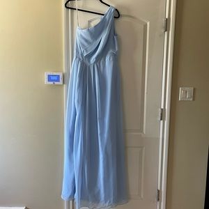 Davids bridal long chiffon dress with asymmetric neckline in light blue size 14